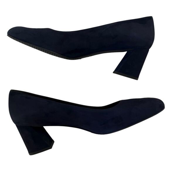 Stuart Weitzman Marymid Navy Blue Suede Block Heel Square Toe Pumps Size 12 - Picture 7 of 9